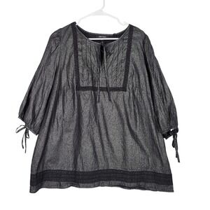 Karen Kane Metallic Silver Black Lace Trim Boho Peasant Blouse Top Sz 1X